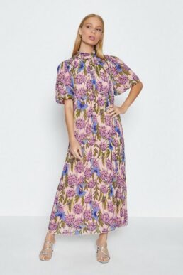 Coast High Neck Floral Print Midi Dress Pink Blue