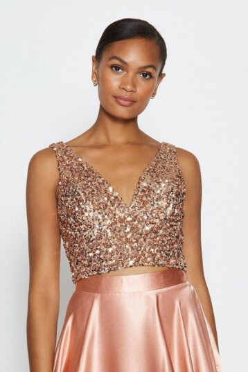 Coast Sequin V Neck Bustier Top Blush Gold