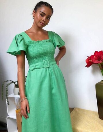 & Other Stories linen square neck belted midi dress in green