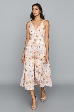 Reiss Corinne Floral Printed Midi Dress Pink Red