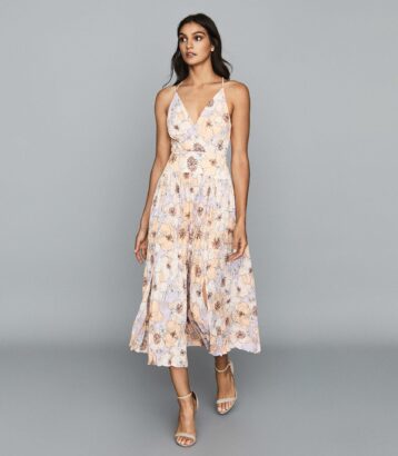 Reiss Corinne Floral Printed Midi Dress Pink Red