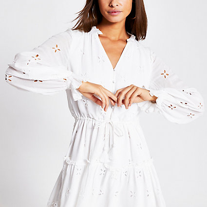 White long sleeve broderie sales mini smock