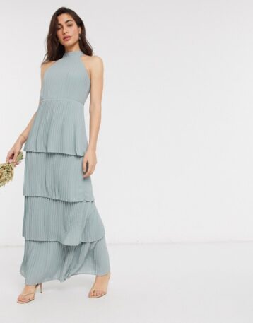 TFNC high neck tiered midaxi bridesmaid dress in sage green