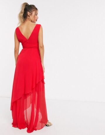 ASOS DESIGN soft layered maxi dress with tie waist detail, Fire Red - Image 2