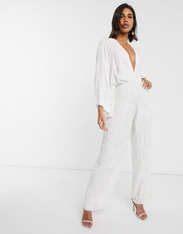 ASOS EDITION beaded kimono sleeve wide leg wedding jumpsuit Ivory