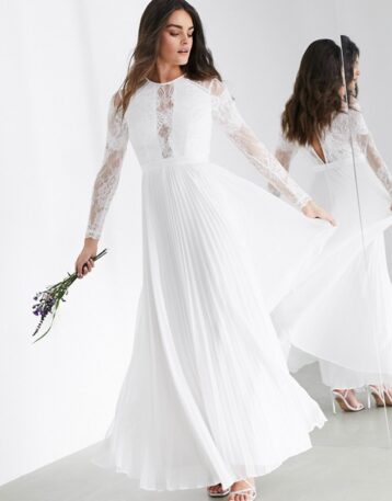 ASOS EDITION Iris long sleeve lace bodice maxi wedding dress with pleated skirt Ivory