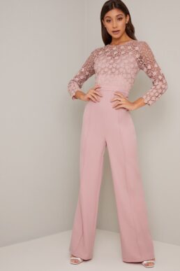 Chi Chi Dagmar Lace Crochet Sleeve Jumpsuit Pink Blush