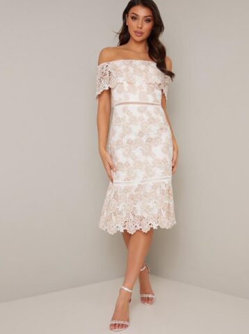 Chi Chi Remie Lace Bardot Dress White Pink