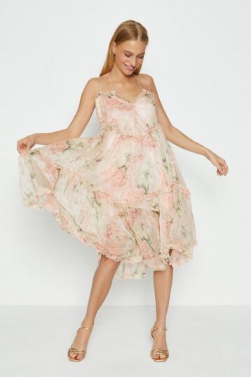 Coast Printed Tiered Midi Dress Blush Pink