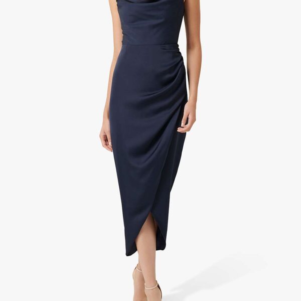 navy satin cowl neck dress