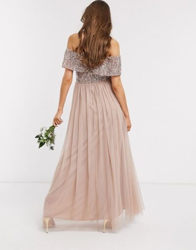 Maya Maternity Bridesmaid Bardot Maxi Tulle Dress With Tonal Delicate Sequins In Taupe Blush 