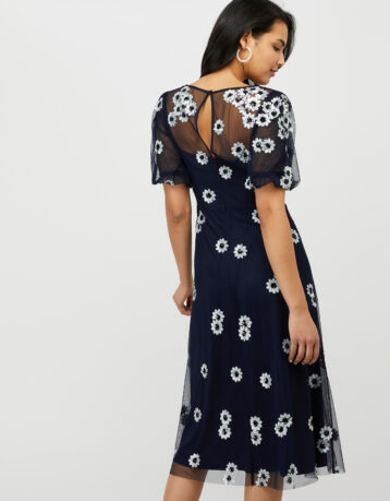 Monsoon Bryony Sequin Daisy Midi Dress Navy White