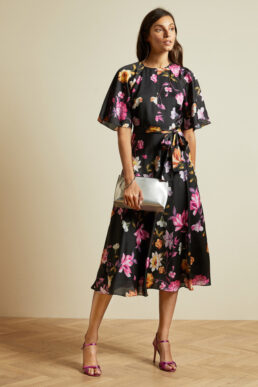 Ted Baker OSSIEE Rhubarb midi tea dress Black Pink Multi