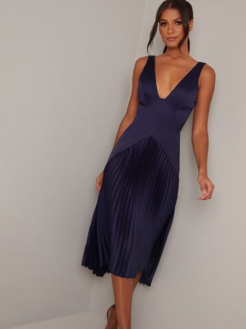 Chi Chi Aydin Pleat Midi Dress Navy Blue