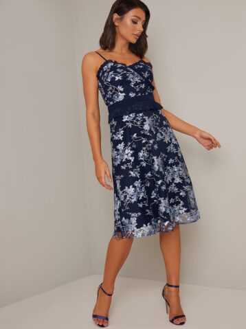 Chi Chi Evora Floral Embroidered Dress Light Blue Navy