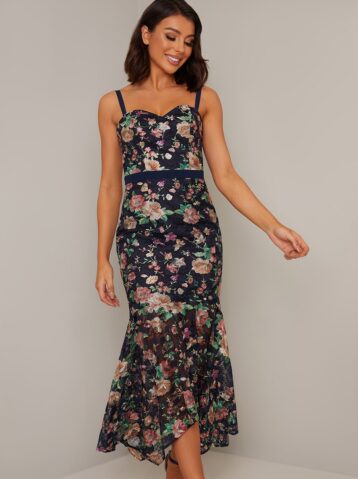 Chi Chi Larnia Floral Print Mermaid Midi Dress Navy Multi