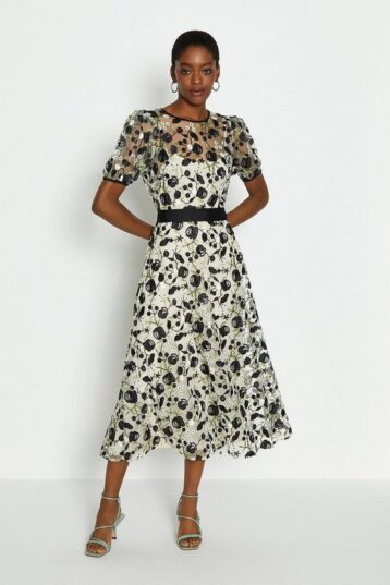 Coast Embroidered Floral Midi Dress White Black