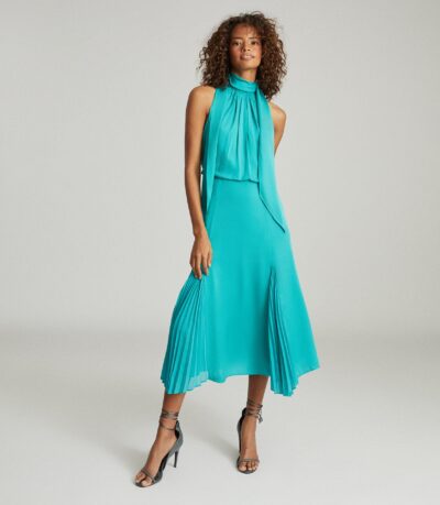 Reiss Jenna Neck Tie Detail Midi Dress, Teal Blue/Green