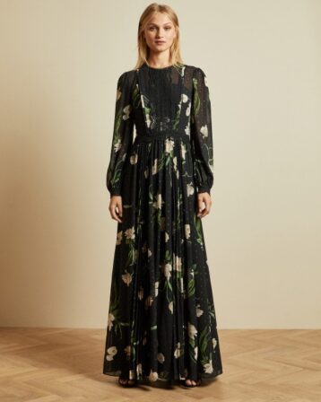 Ted Baker DEENHA Elderflower floral print sleeve maxi dress Black Ivory