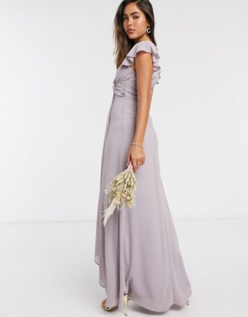 TFNC bridesmaid flutter sleeve ruffle detail maxi dress in grey - Image 2