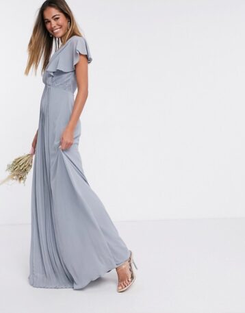 TFNC bridesmaid lace detail maxi dress with flutter sleeve in dusty blue