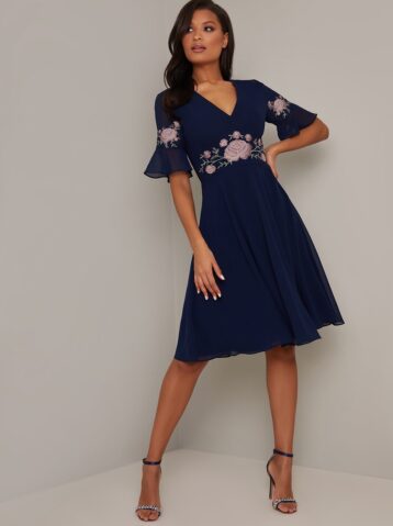 Chi Chi Agathe Floral Embroidered Dress Navy Multi