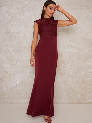 Chi Chi Javeria Lace Bodice Maxi Dress Burgundy Deep Red