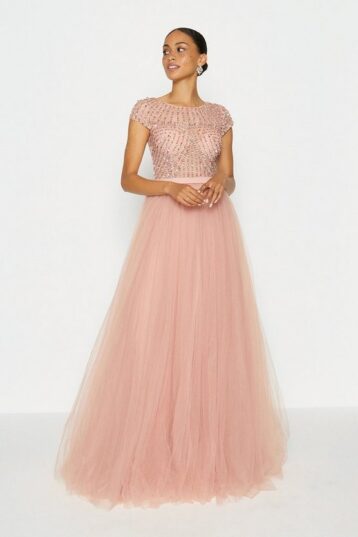 Coast Cap Sleeve Glitter Tulle Skirt Maxi Dress Pink Light Blush