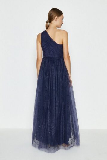 Coast One Shoulder Glitter Mesh Maxi Dress Navy Blue