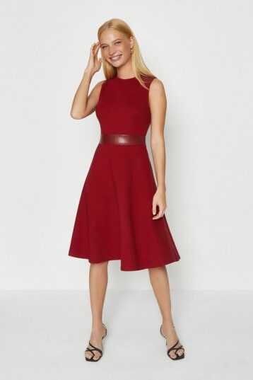 Coast Pu Panelled Ponte Fit And Flare Dress Berry Red