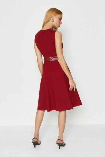 Coast Pu Panelled Ponte Fit And Flare Dress, Berry Red - Image 2