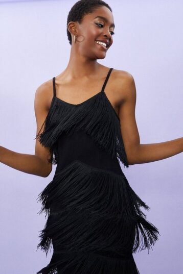 Coast Strappy Knitted Fringe Detail Dress Black