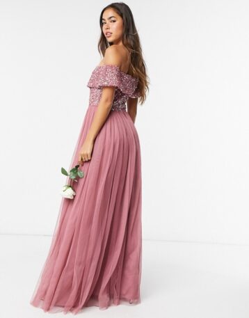 Maya Bridesmaid bardot maxi tulle dress with tonal delicate sequins in rose