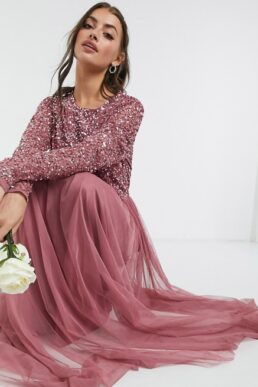 Maya tall long sleeve sequin top maxi tulle dress best sale