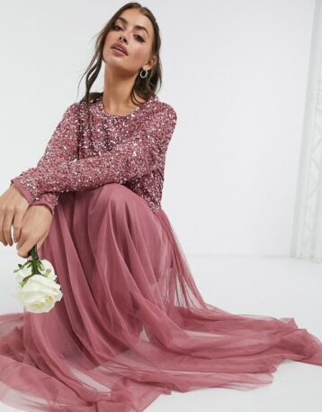 Maya delicate sequin long sleeve maxi dress with ruffle detail with tulle skirt in rose pink