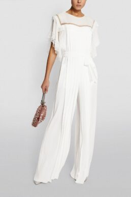 Alberta Ferretti Silk Pleated Jumpsuit White Gold