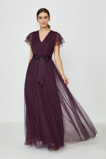 Coast Tulle V-NeckTie Belt Maxi Dress Purple Berry