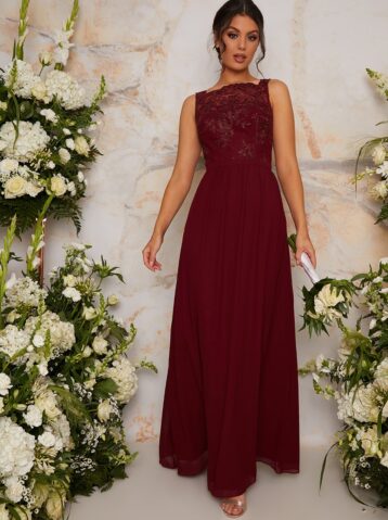 Chi Chi Tiffie Lace Bridesmaid Maxi Dress Burgundy Red myonewedding