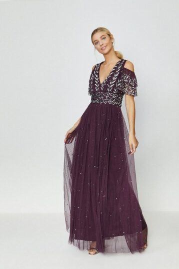 Coast Cold Shoulder Embellished Maxi Dress Berry Merlot Purple