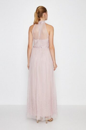 Coast High Neck Sequin Mesh Maxi Bridesmaid Dress Blush Pink