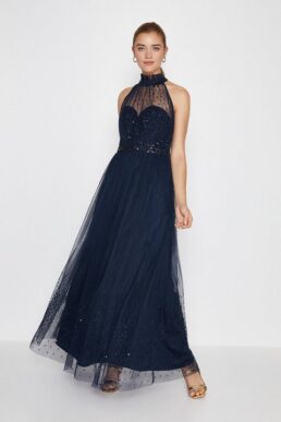 Coast High Neck Sequin Mesh Maxi Bridesmaid Dress Navy Blue