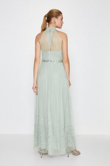 Coast High Neck Sequin Mesh Maxi Bridesmaid Dress Sage Green