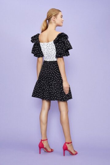 Coast Mix and Match Spot Ruffle Sleeve Dress Black White