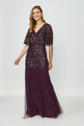 Coast Sequin Angel Sleeve Maxi Dress Merlot