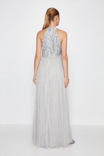 Coast Sequin Bodice Halter Maxi Dress Silver