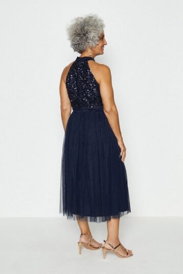 Coast Sequin Bodice Halter Midi Dress Navy