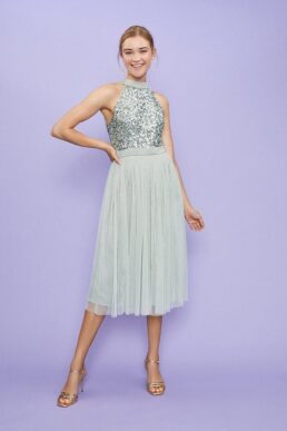 Coast Sequin Bodice Halter Midi Dress Sage Green