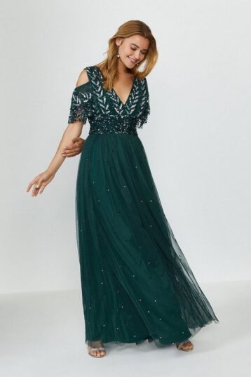 Coast Cold Shoulder Embellished Maxi Dress Green