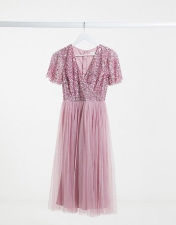 Maya Bridesmaid wrap front delicate sequin midi dress with tulle skirt in pink