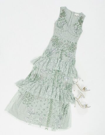 Maya lace embellished ruffle hem maxi dress Sage Green